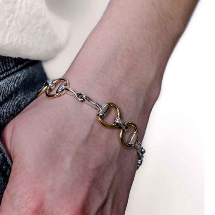 Two Tone Snaffle Horse Bit Bracelet Sterling Silver on wrist with jeans