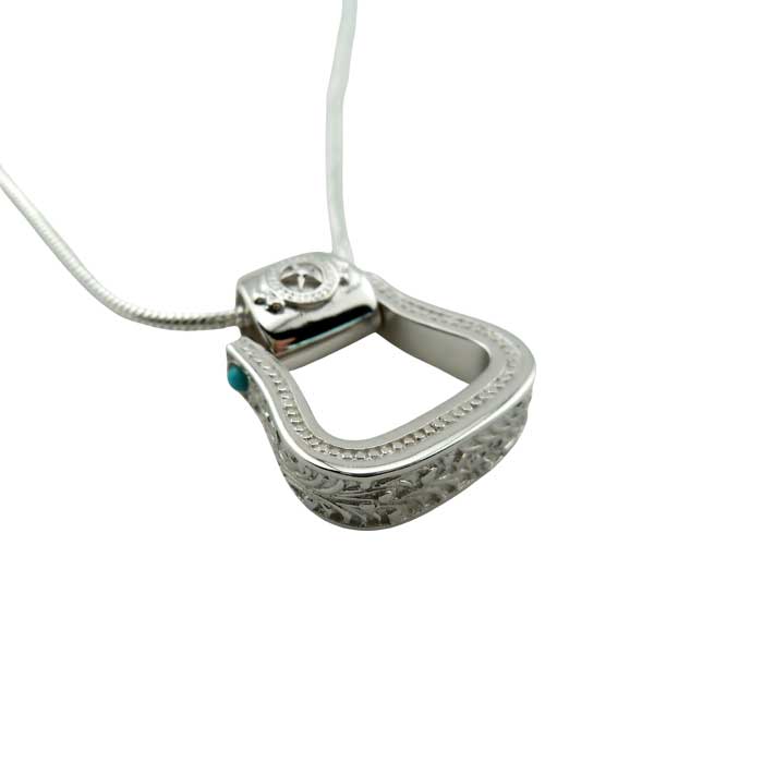 Western Stirrup Pendant Necklace Sterling Silver with turquoise accent highlighting the decorative "tooling" around the stirrup