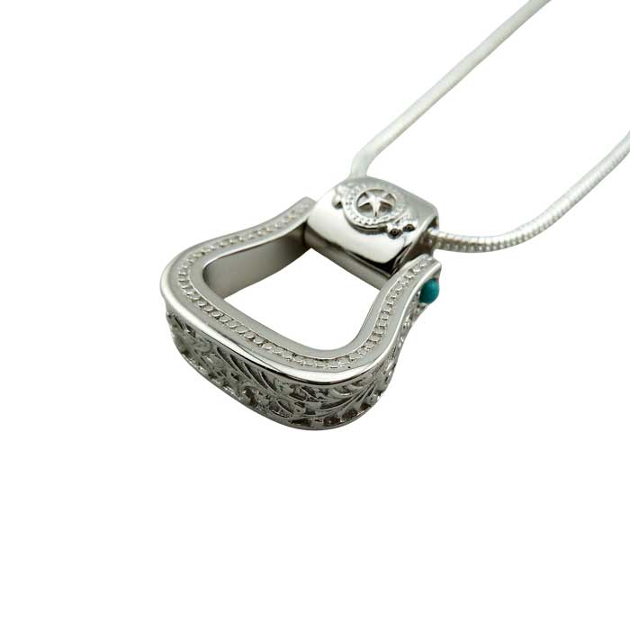 Western Stirrup Pendant Necklace Sterling Silver with turquoise accent shown side to highlight the intricate design