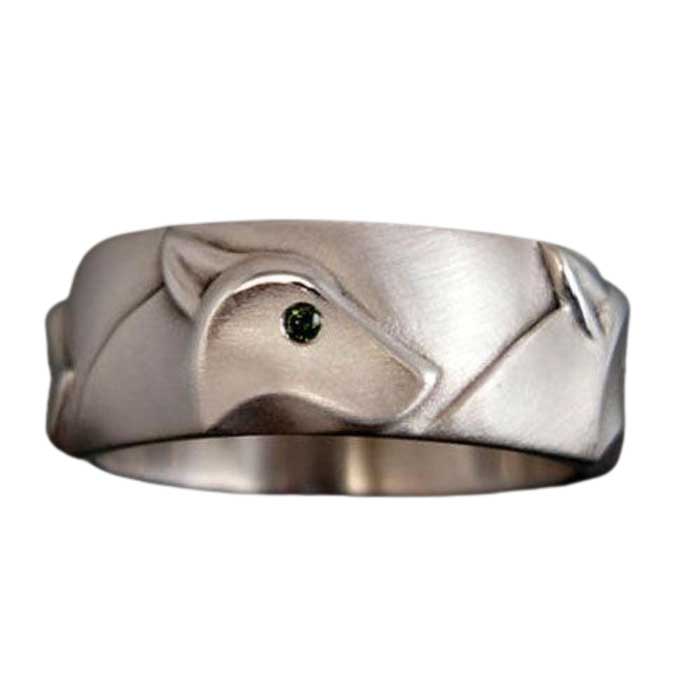Wolf Head Band Ring with Diamond Eyes - sterling silver