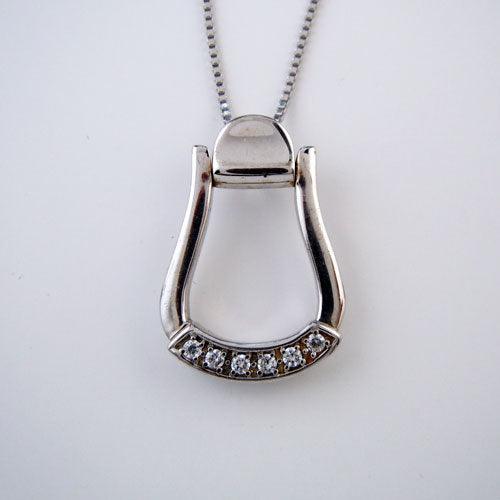 Western Stirrup Necklace in Sterling Silver with CZs - Jamies Horse Jewelry