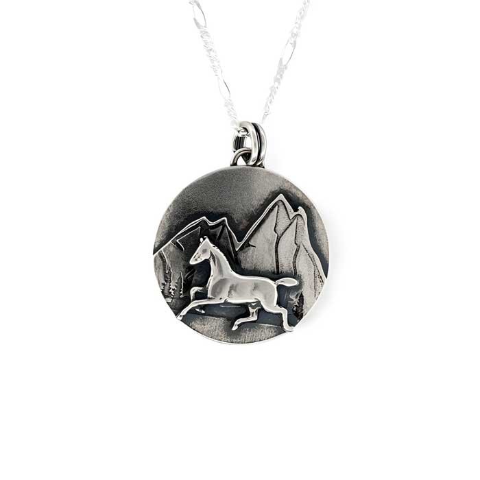 sterling silver horse and mountains pendant necklace
