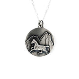 Horse, Mountains, Sun Bar Necklace Sterling Silver and 14k Gold