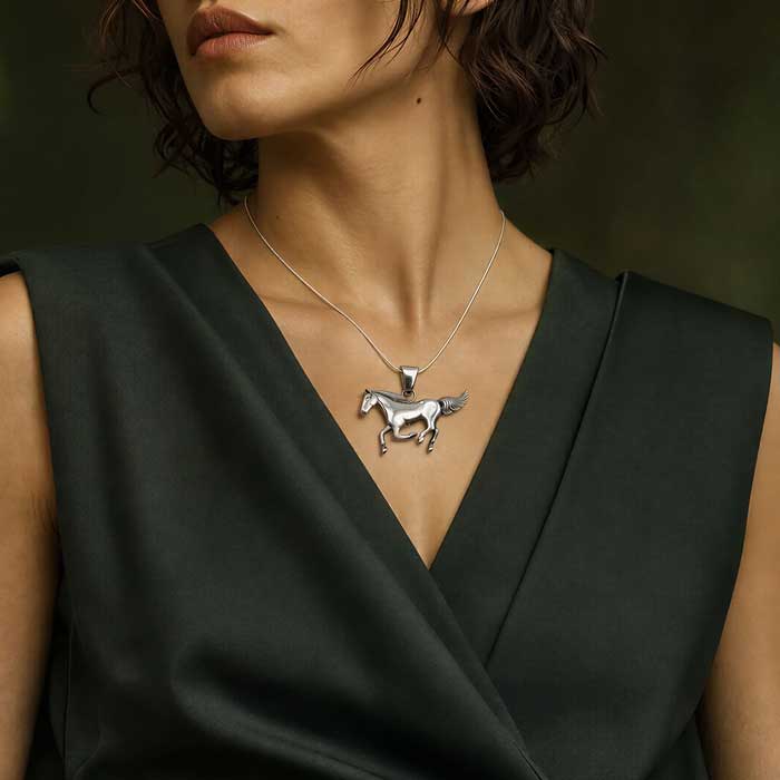 Ajax Striding Horse Necklace in Sterling Silver shown on neck of horse lover