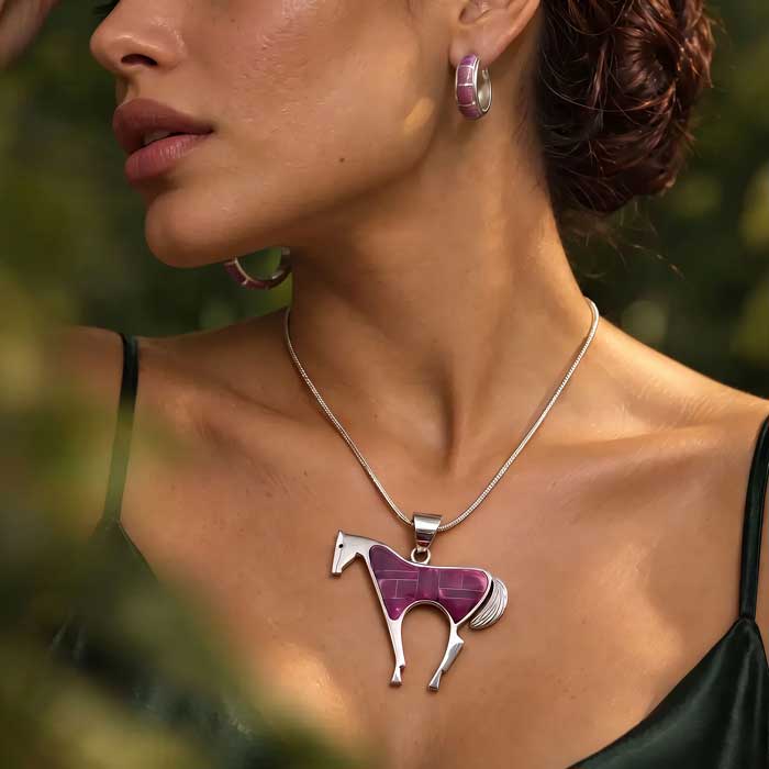Amethyst oyster shell inlay horse pendant necklace and earrings set shown on horse lover