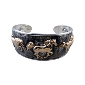 14k Gold Galloping Horses on Sterling Silver Cuff Bracelet