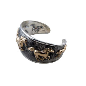 14k Gold Galloping Horses on Sterling Silver Cuff Bracelet