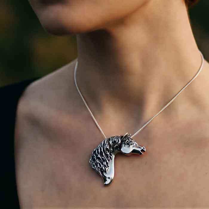 Arabian horse head pendant necklace in sterling silver show on person