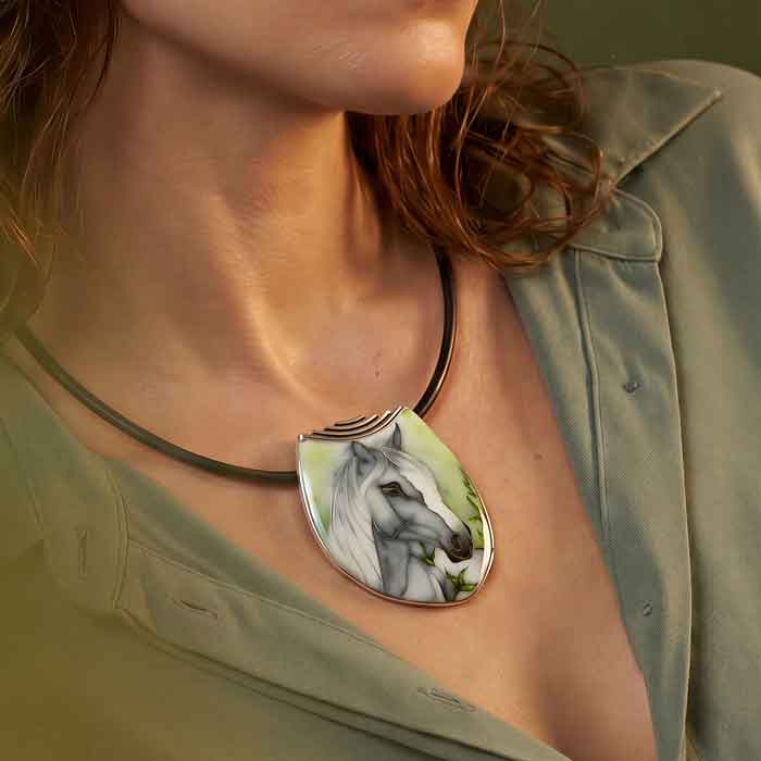 Crown Cloisonné Horse Necklace Pendant shown on horse lovers neck