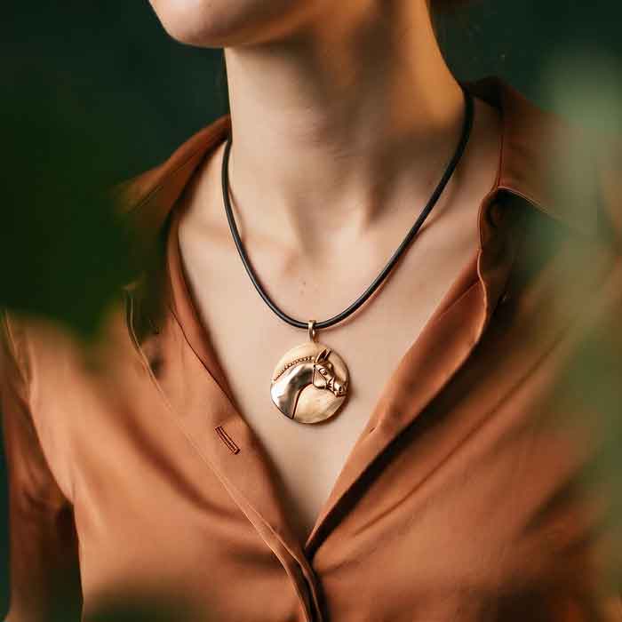 Bronze Rosenthal Portrait Horse Head Pendant on model
