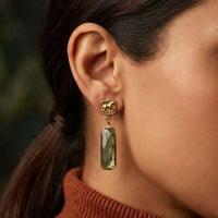 Piaffe Dressage Horse Earrings in Bronze with Gemstone Dangles shown on horse lover
