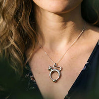 Cat Pendant Necklace Sterling Silver  shown being worn by a woman
