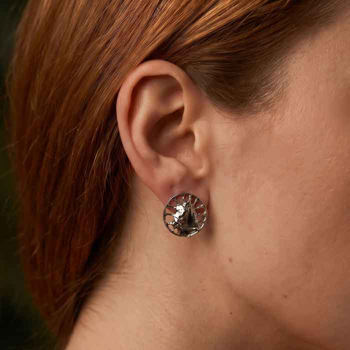 Carriage Driving Horse Stud Earrings Sterling Silver -shown on woman's ear