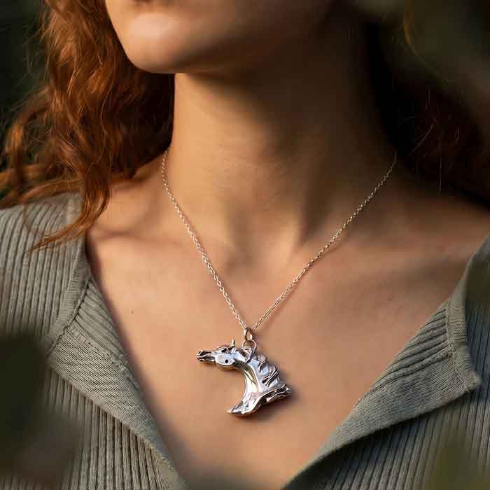 Darley Arabian Horse Head Pendant Necklace Sterling Silver shown on horse lover's neck