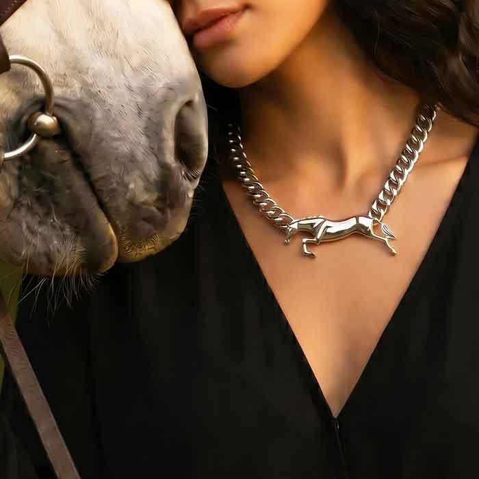 Free Jumping Horse Necklace sterling silver shown on neck of horse lover