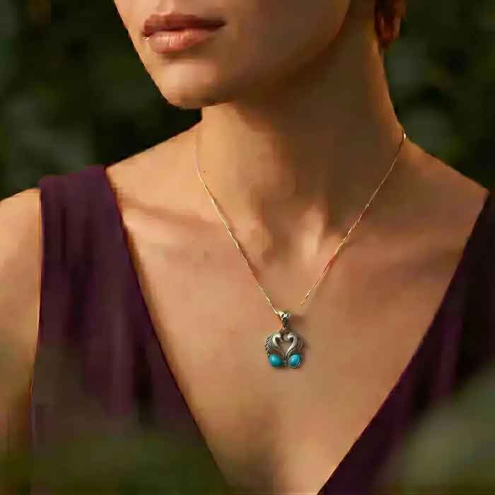 Gemini Horses with Turquoise Pendant Necklace sterling silver shown on horse lover