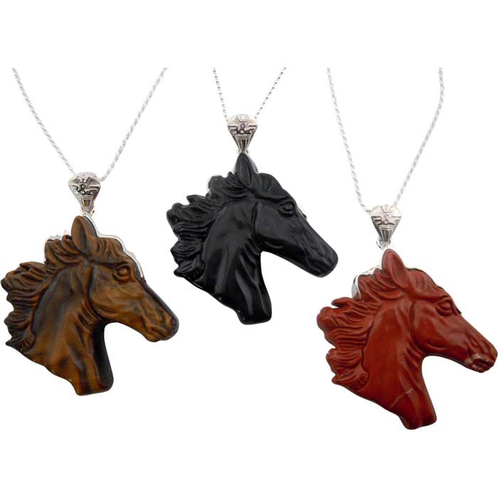 Gemstone Carved Horse Head Pendant Necklace. Choose from Tiger Eye,Obsidian, Jasper