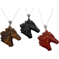Gemstone Carved Horse Head Pendant Necklace. Choose from Tiger Eye,Obsidian, Jasper