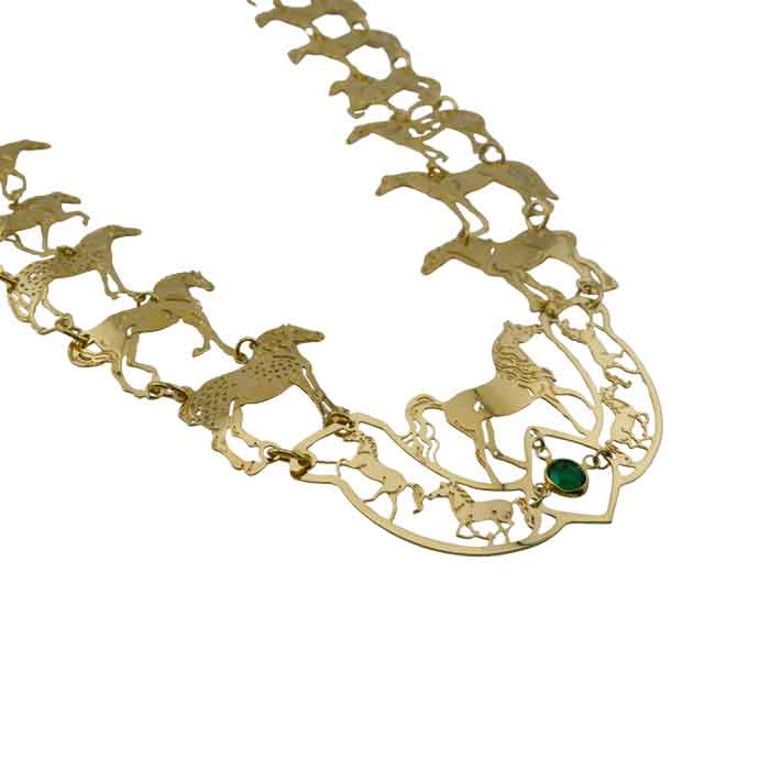 Multiple Breed Horse Link Necklace showing main horse with green accent stone