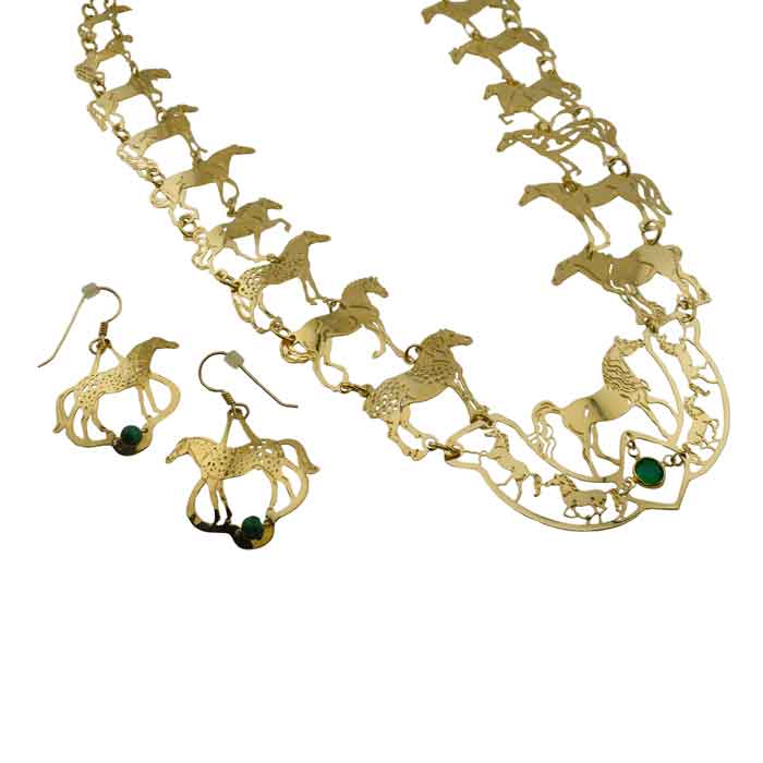 Gold-toned jewelry set featuring a necklace and matching earrings, both decorated with horse silhouettes and small green bead accents, shown on a plain white background.