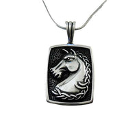 A sterling silver necklace featuring a detailed pendant of a horse's head with a flowing mane, set against a black background.
