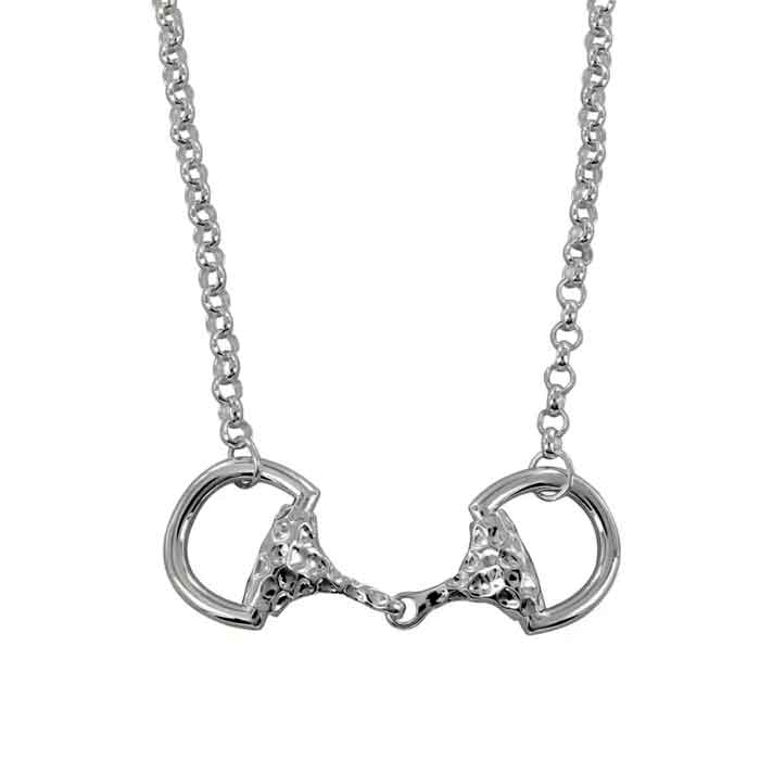 Hammered Snaffle Horse Bit Necklace Sterling Silver silhoutted against white background