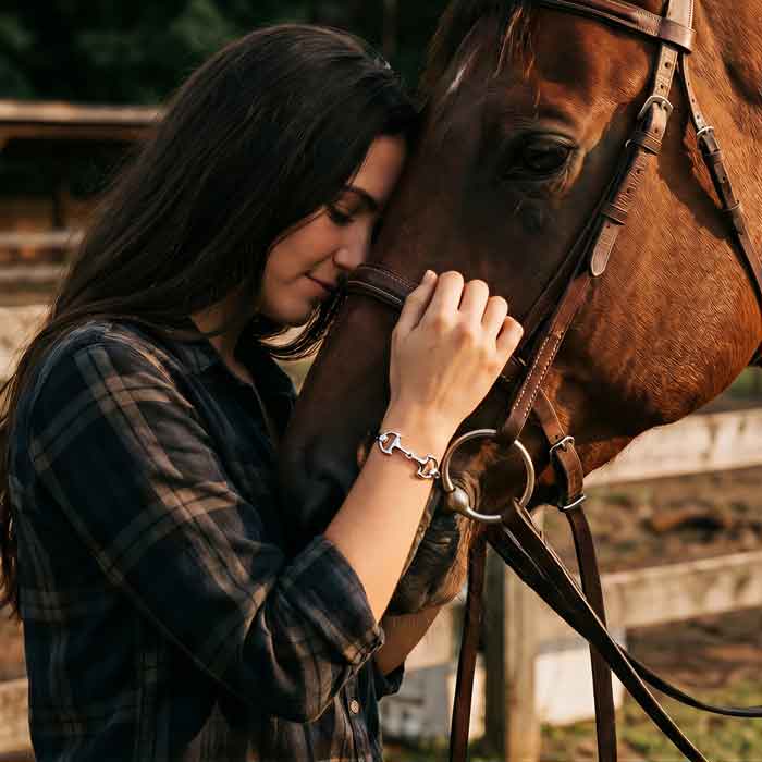 Bangle Heavy Horse Snaffle Bit Bracelet - Solid sterling silver on wrist of horse lover with horse