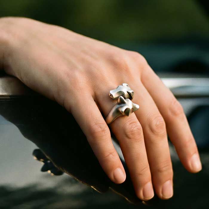 Fox and Hound Ring in Sterling Silver - shown on hand