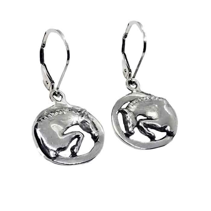 A pair of sterling silver dangle earrings featuring a silhouette of a jumping horse with its knees tucked up.