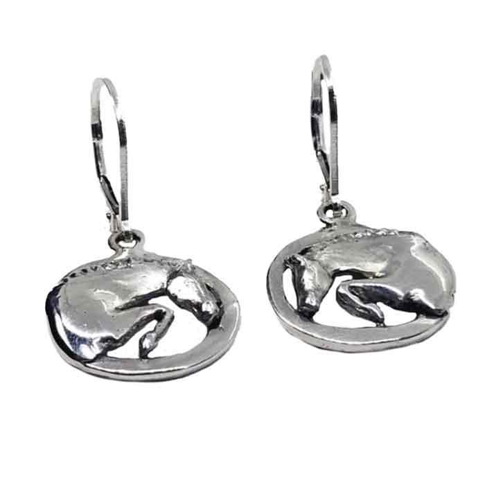 oval dangle earrings with jumper horse in sterling silver 
