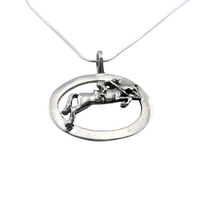 Jumping Horse and Rider Necklace Sterling Silver in oval