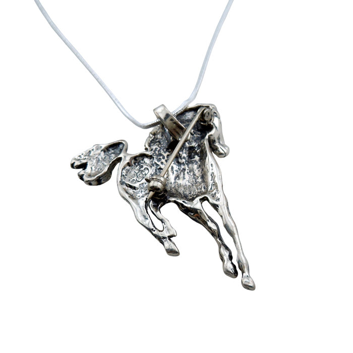 River Galloping Horse Necklace Pendant/Pin in Sterling Silver back with bail for chain and pin