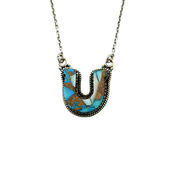 Kingman Turquoise Horseshoe Pendant Necklace set in sterling silver