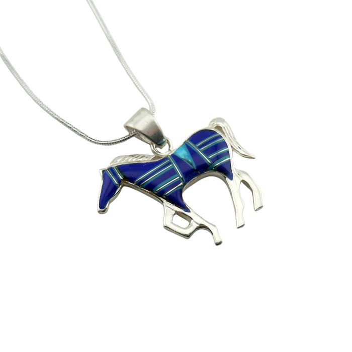 Lapis Opal Inlay Horse Pendant Necklace set in Sterling Silver