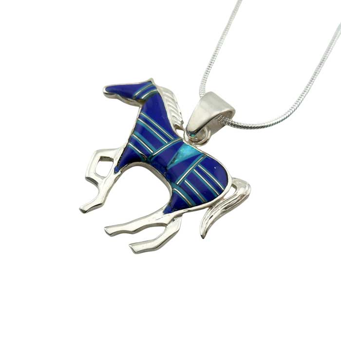 Lapis Opal Inlay Horse Pendant Necklace set in Sterling Silver