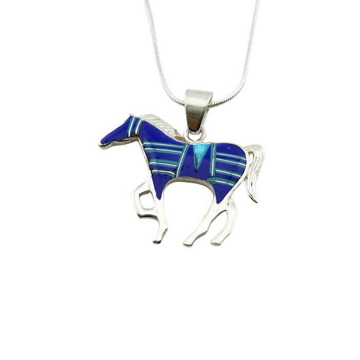 Lapis Opal Inlay Horse Pendant Necklace set in Sterling Silver