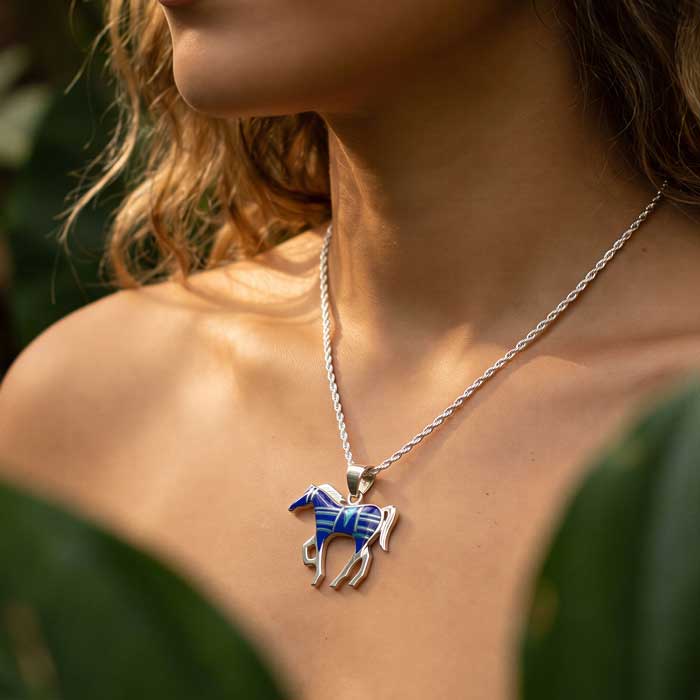 Lapis Opal Inlay Horse Pendant Necklace set in Sterling Silver shown on horse rider