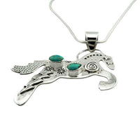 Leaping Horse with Turquoise Pendant Necklace in Sterling Silver with stars and lightning bold details at angle showing depth of details
