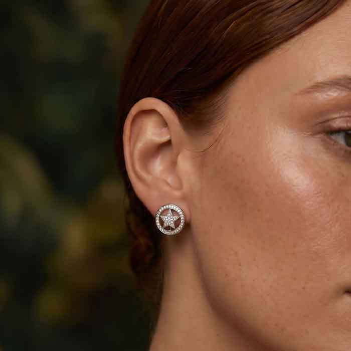 Lone Star Post Earrings Sterling Silver and CZs shown on horse lover's ear