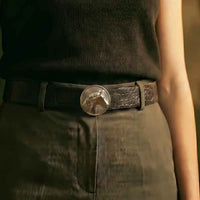 Lusitano horse head bet buckle shown on person