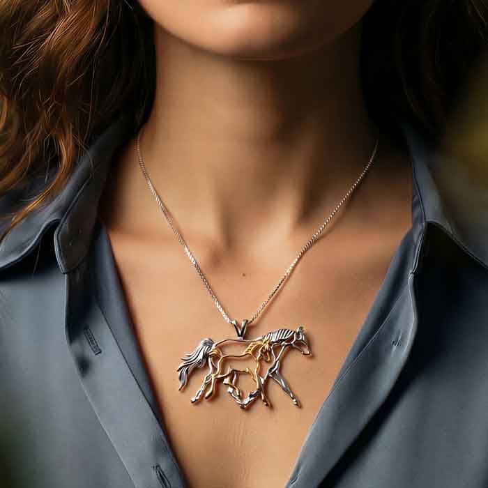 mare and foal necklace sterling silver 14k gold shown on horse lover