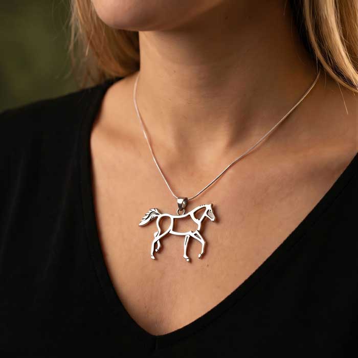 moon walking horse necklace sterling silver shown on horse lover