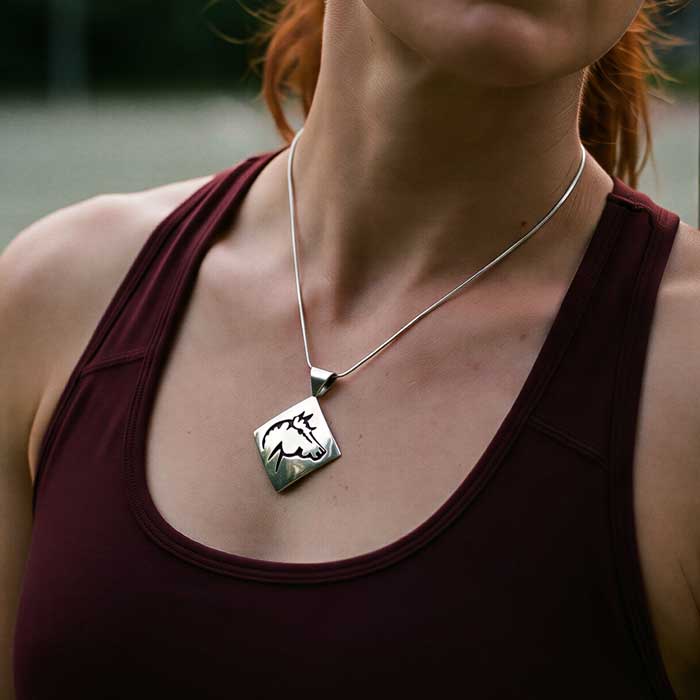 Navajo Horse Head Pendant Necklace sterling silver shown on neck of horse lover