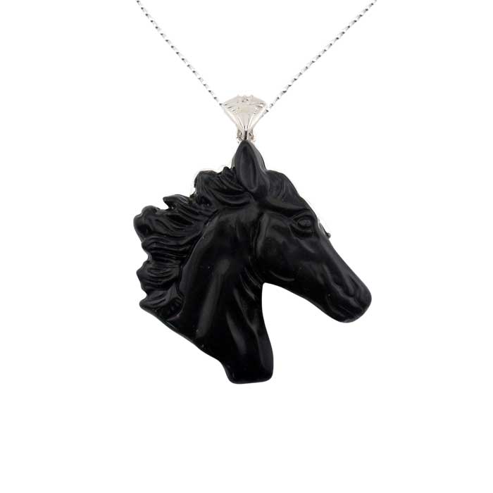 Obsidian Carved Horse Head Pendant Necklace capped with Sterling Silver