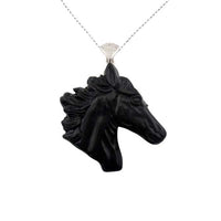 Obsidian Carved Horse Head Pendant Necklace capped with Sterling Silver