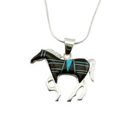 Onyx and Opal Inlay horse pendant necklace set in sterling silver on chain
