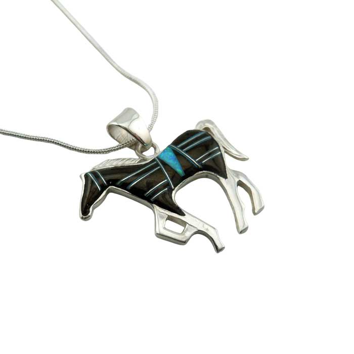 Onyx and Opal Inlay horse pendant necklace set in sterling silver on chain