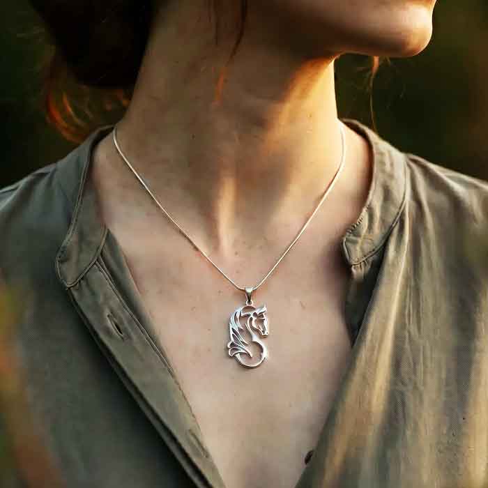 Outline Horse Head Pendant Necklace Sterling Silver shown on person