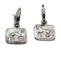 A pair of sterling silver hoop-style dressage horse earrings, with the hoops in a silver finish and the horses engraved on a square or round charm.