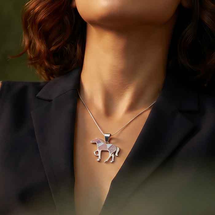 Pretty in pink inlay horse pendant necklace show on person